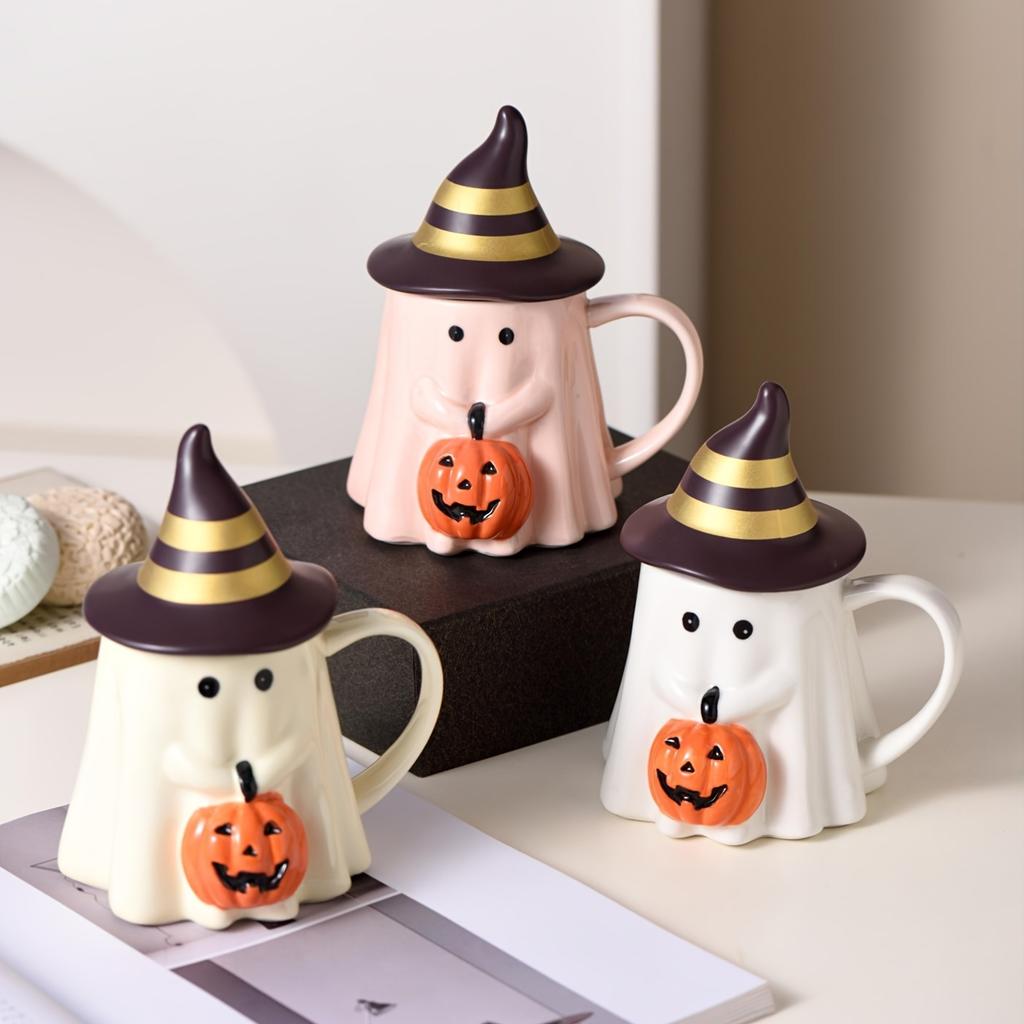 1ks 450ml/15oz Halloweenský keramický hrnek na kávu s 3D roztomilým dýňovým designem, novinkový hrnek s duchem s rozkošným dýňovým obličejem a kloboukem