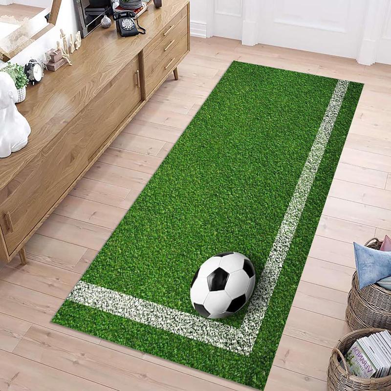 

Football Theme Grass Long Runner Rug Realistic Pitch & Ball Print Durable Fade-resistant Non-slip Carpet for Hallway Entryway 40X120CM
