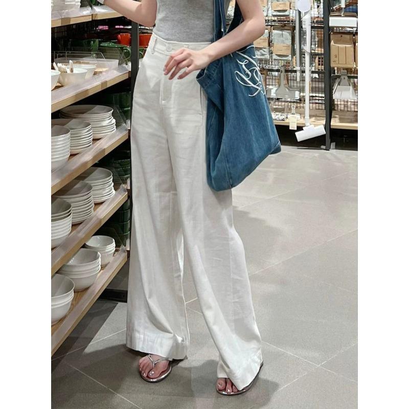 New Small White Cotton Linen Wide-leg Pants High Waist Draping Slimming Straight-leg Casual Pants for Women