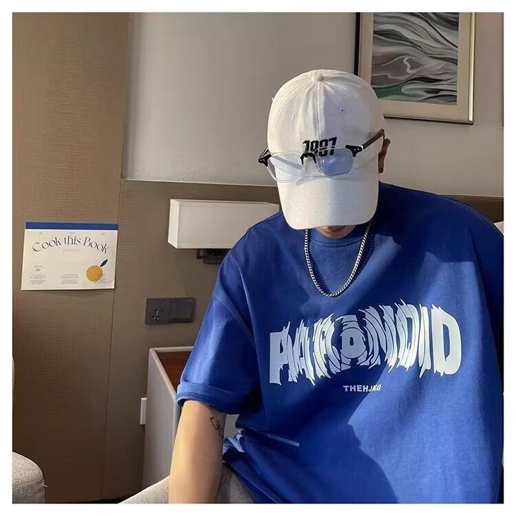 Men'S Trendy Letter Round Neck Printed Short Sleeved T-Shirt For Summer Ins Loose Casual Top