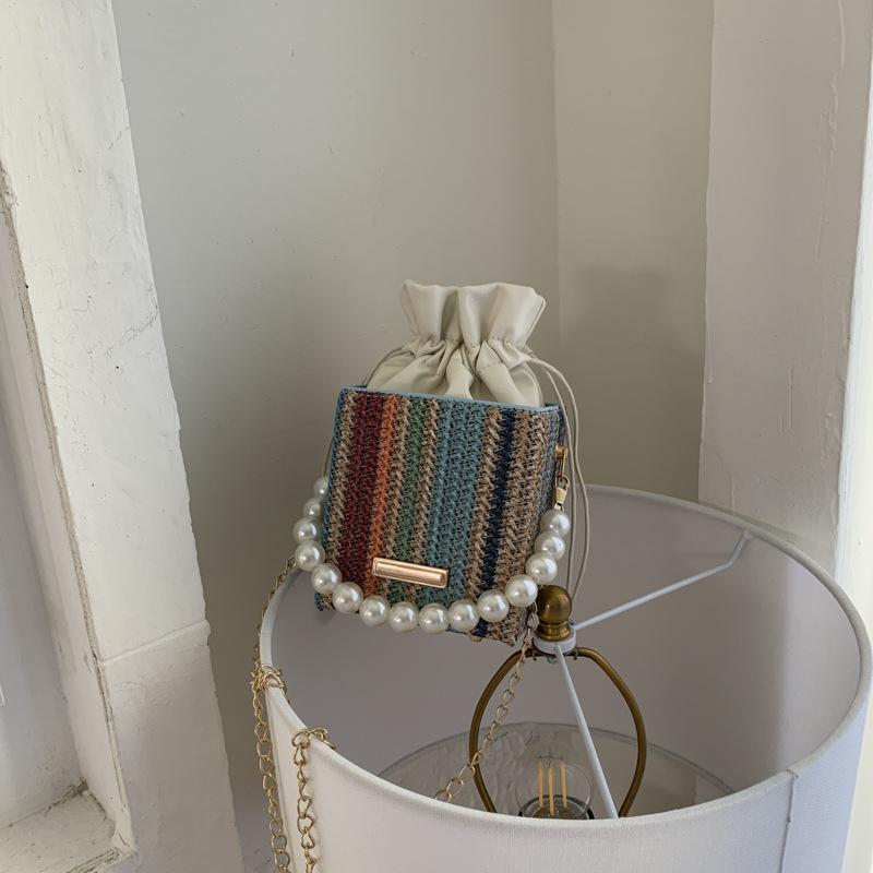 Pearl handbag women's 2025 new trendy small square bag fashion chain shoulder bag summer Internet celebrity woven bucket bag