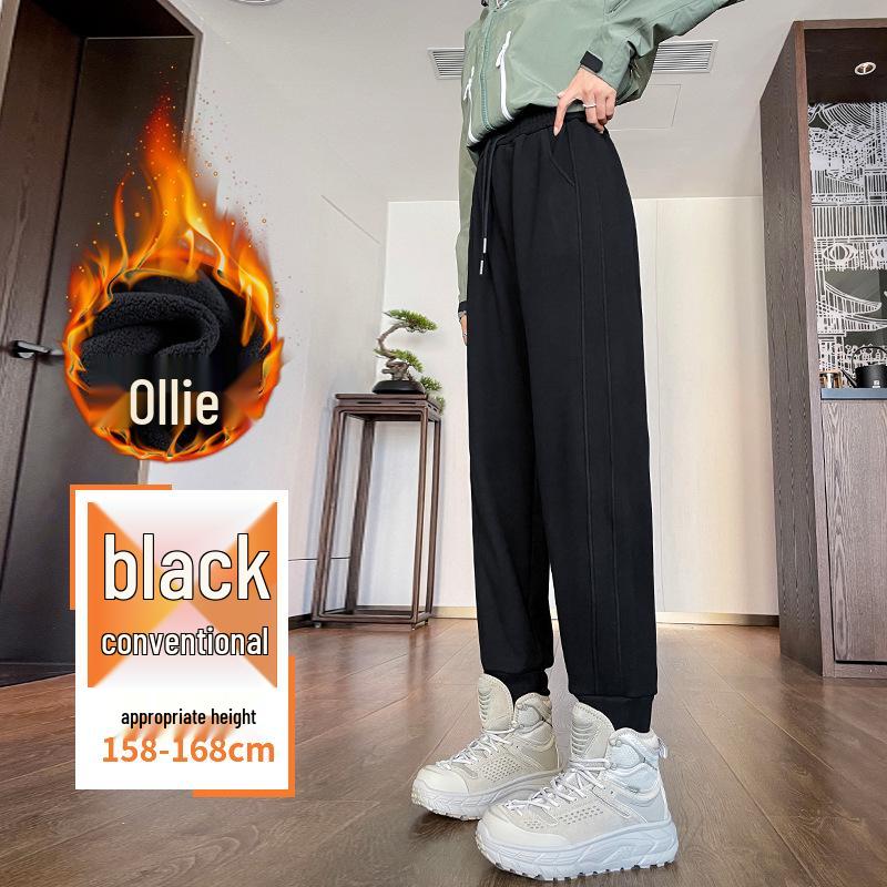 Women's Dark Blue Fleece-Lined Windproof Harem Sweatpants - Loose, Cuffed, Thick, and Warm for Autumn and Winter