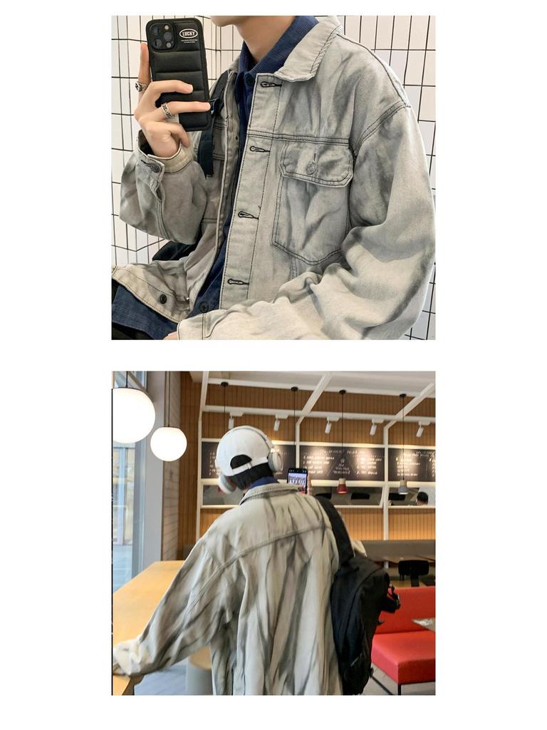 Men's Retro Tie-Dye Denim Jacket - Loose Casual Spring/Autumn Workwear Trend
