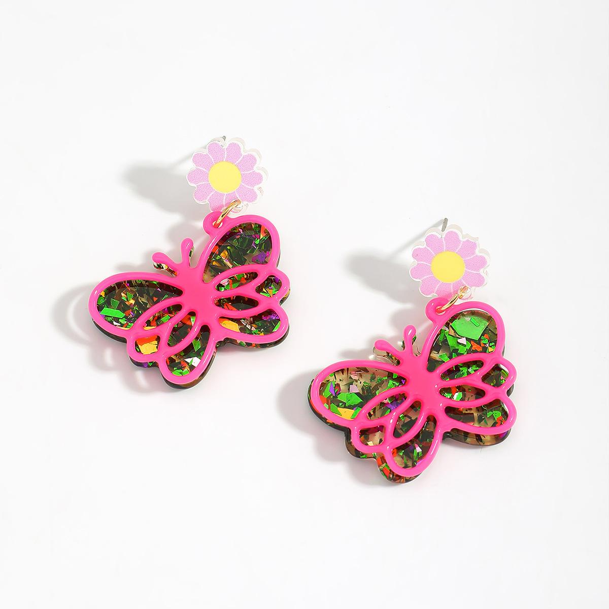 Summer cartoon hollow butterfly double-layer acrylic earrings fashionable retro style exaggerated sequined plate earrings
