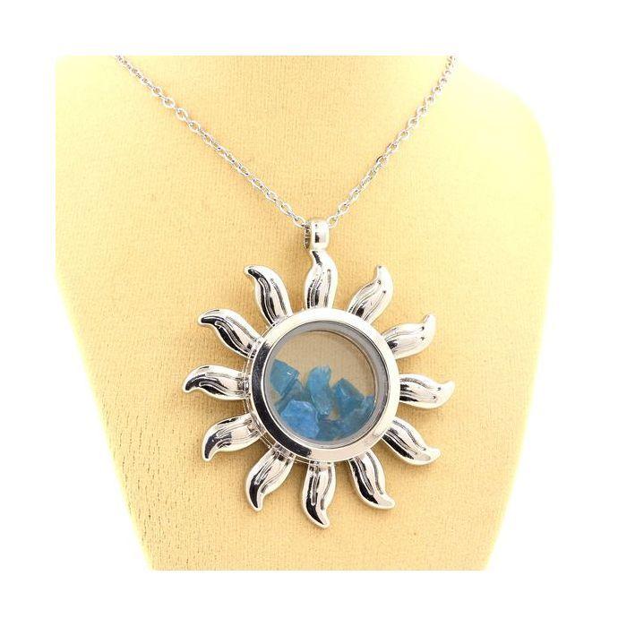 Necklace - Stones and Minerals - Neon Blue Apatite - Stainless Steel - Sun Model - Unisex