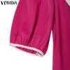 VONDA Women V Doll Collar Short Sleeve Solid Baggy Pleated Ankle Length Dress