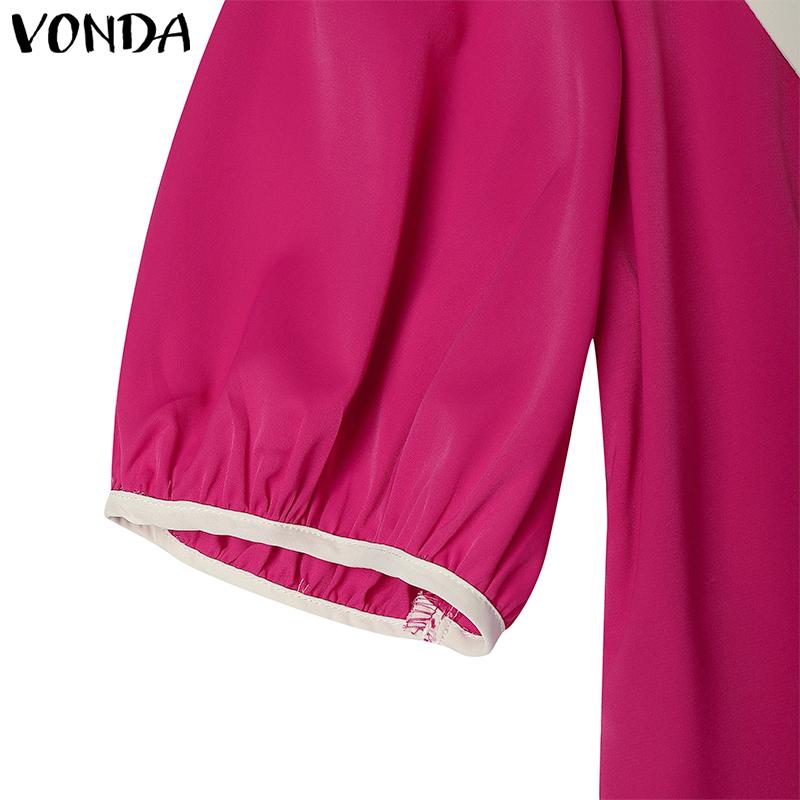 VONDA Women V Doll Collar Short Sleeve Solid Baggy Pleated Ankle Length Dress