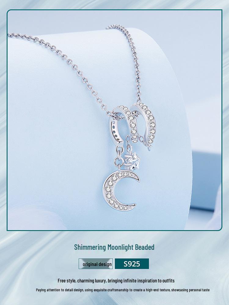 Avle S925 Sterling Silver Moonlight Bracelet with Platinum-Plated Star and Moon Beads