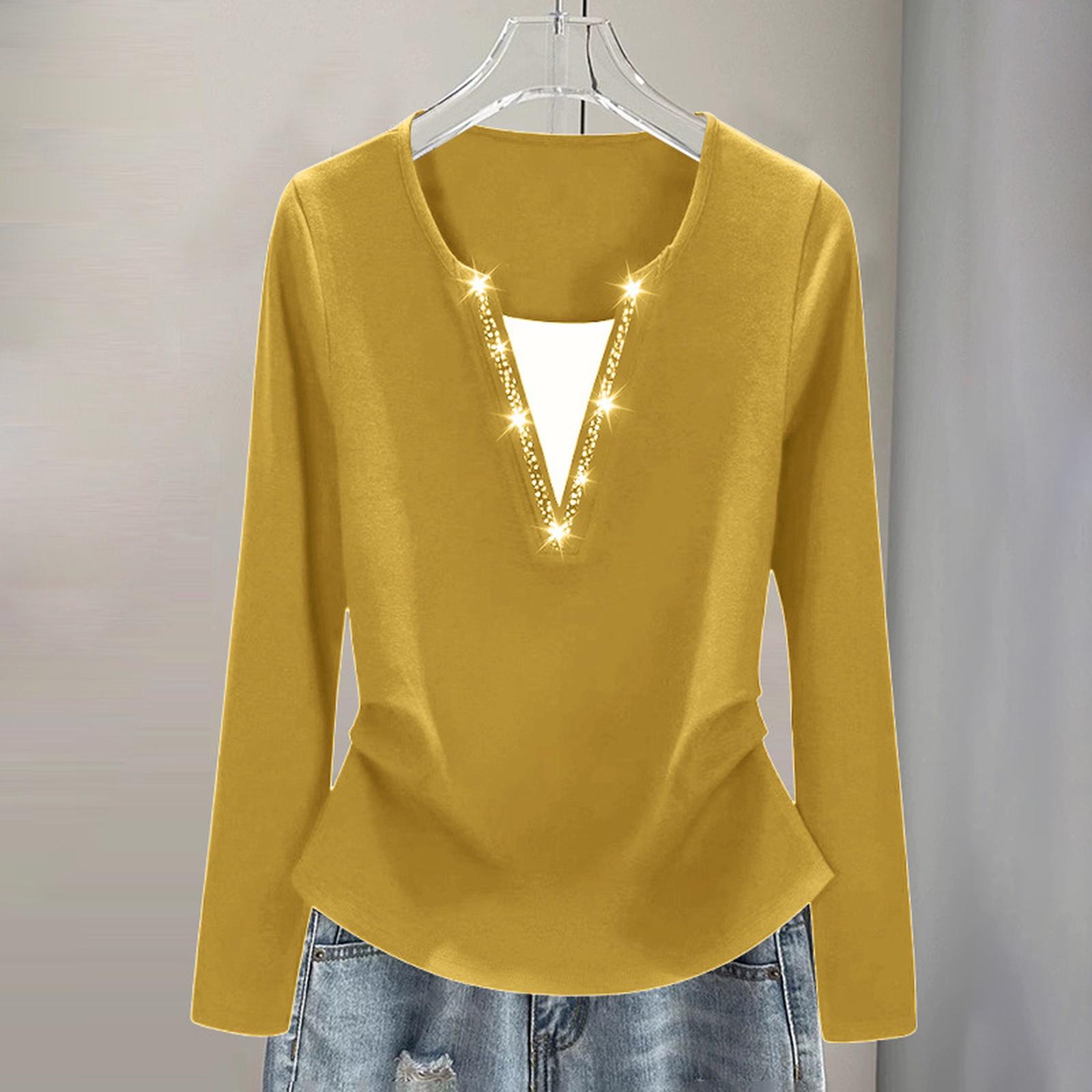 

Женская повседневная модная базовая футболка с длинным рукавом, имитирующая двухслойность, с термопечатью стразами, топ большого размера XL жёлтый