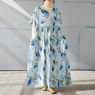 Abito estivo lungo e largo casual da donna, in cotone vintage, con maniche corte e taglie forti, floreale, nuovo di zecca.