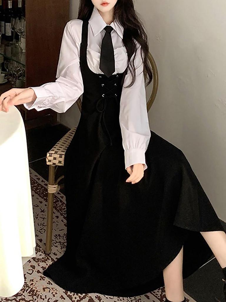 Langt Bukseselesett og Slips med Elegant Nedbrettskrage Hverdag Perfekt for Pendling og Gå Ut [LAVASEON] Masseprodusert Dameskjorte, Skjørt, 3-delt