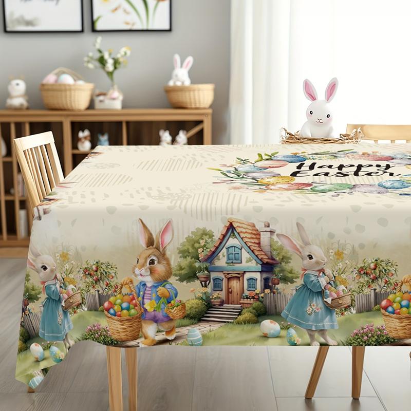 Vintage Easter Bunny Tablecloth Rabbit Eggs Table Cover Easter Decorations for Home Kitchen Spring Holiday Garden Tablecloth