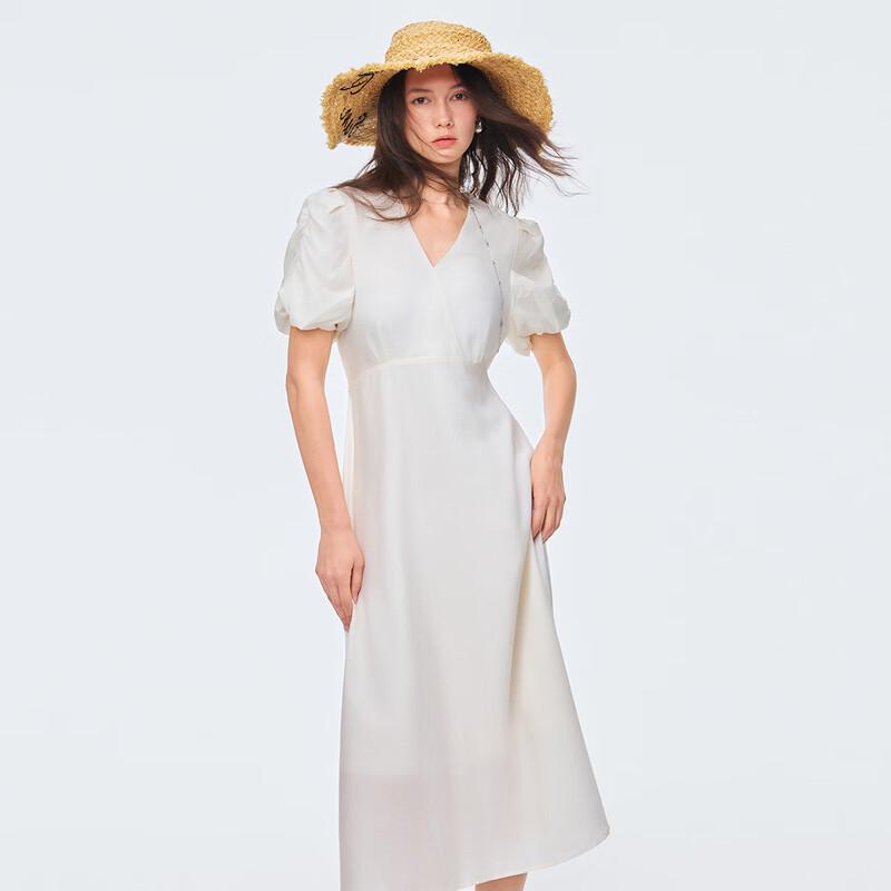 Puff Sleeve V-Neck Tie-Waist Midi Dress S