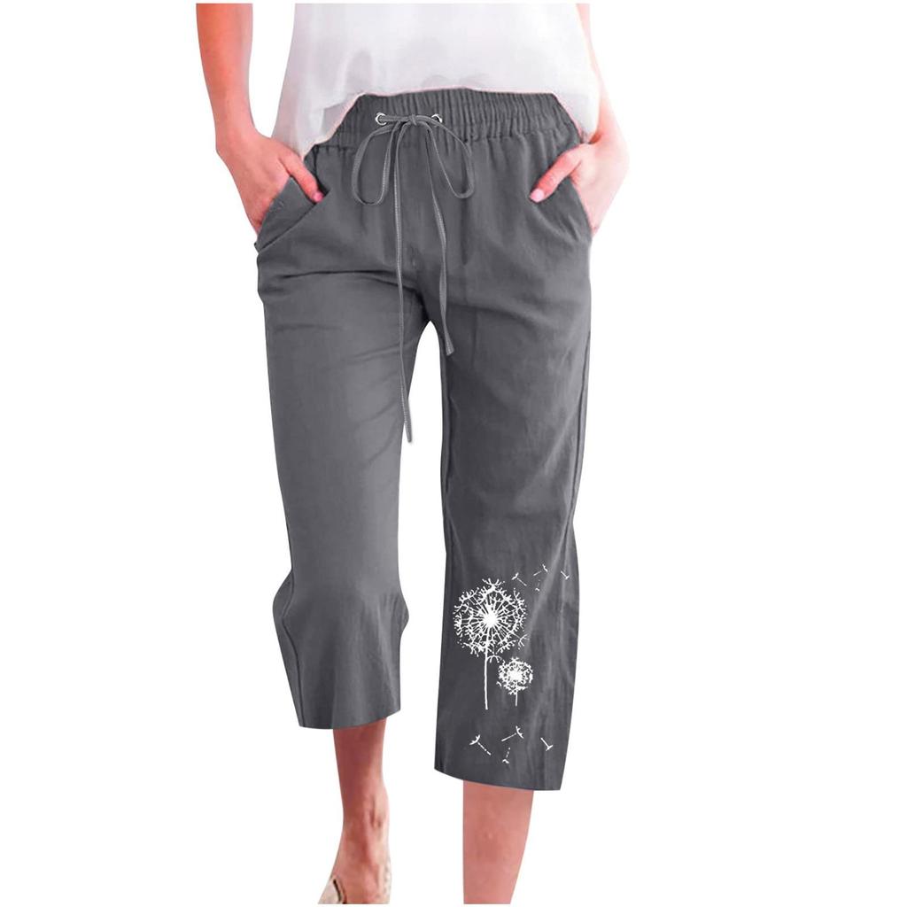 Spodnie damskie w stylu Casual, letnia, jednokolorowa, elastyczna, z wysokim stanem, bawełniana i lniana, luźne spodnie, kieszeń ze sznurkiem, spodnie do połowy nogawki