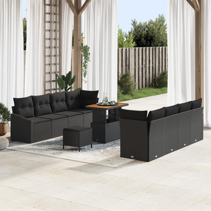 Set de canapé de jardin de 11 pièces avec coussins Noir Poly Rotin Acacia, Canapé de jardin 2 places avec rangement 3364579