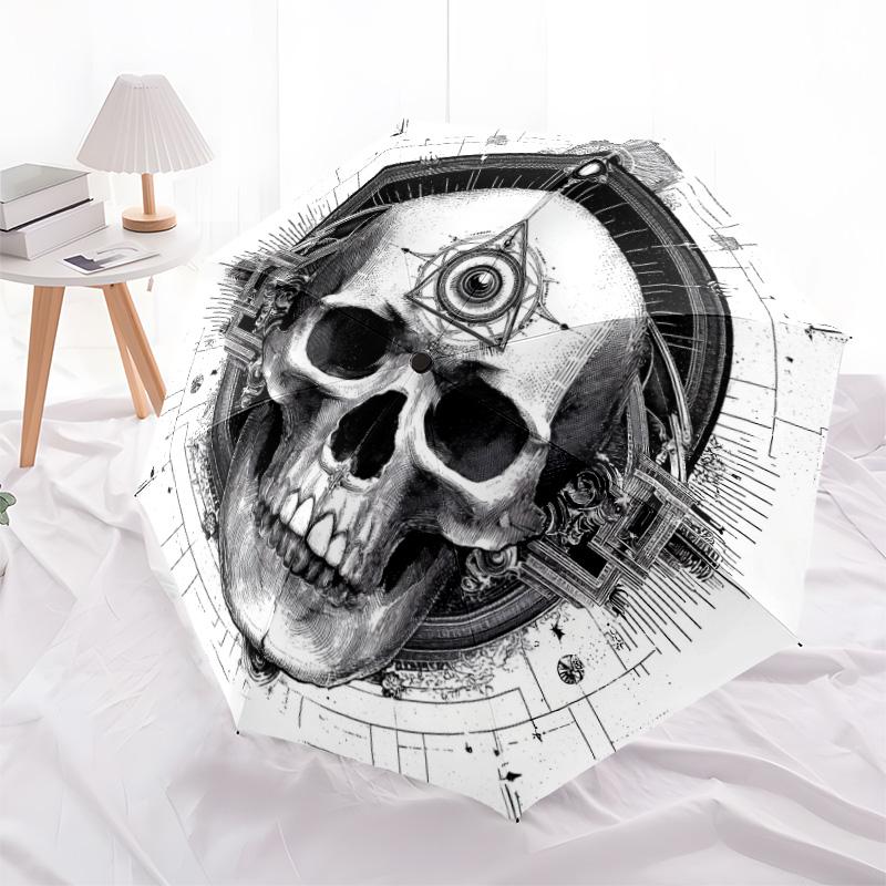 Schädelmuster, automatischer Klappschirm, tragbares und faltbares Design, 8 Schirmstäbe, ein Weihnachts- oder Geburtstagsgeschenk.