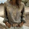 Women Tops Round Neck Long Sleeve 3D Digital Flower Printing Tee Shirt Retro