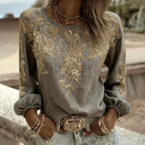 Women Tops Round Neck Long Sleeve 3D Digital Flower Printing Tee Shirt Retro