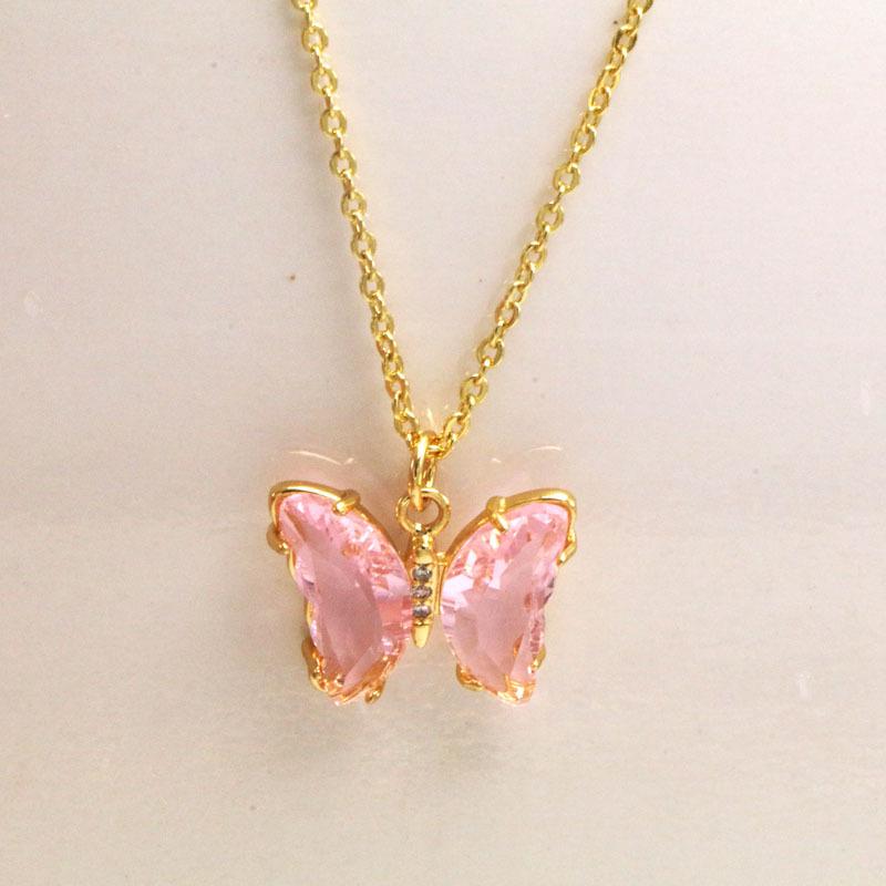 Koreanskt flerfärgat kristallfjärilshalsband - Guldpläterad titanstål nyckelbenskedja för kvinnor