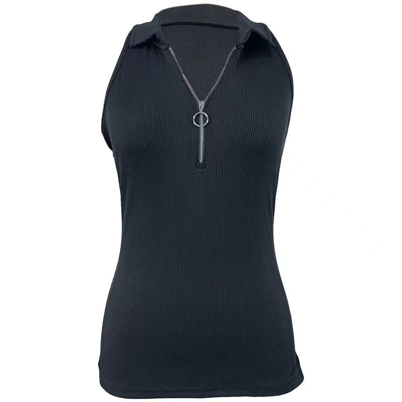 2024 Women's Fashion Casual Solid Color Ribbed Zip-Up Vest T-Shirt with Turn-Down Collar for Spring/Summer