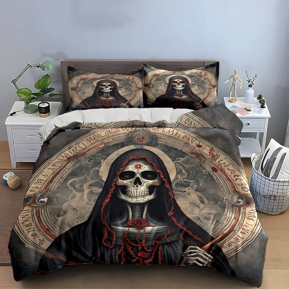 Skeleton with Floral Accents Bedding Duvet Cover Set (1*Duvet Cover 2*Pillowcases, without duvet insert)