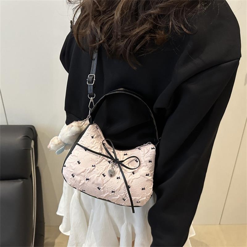 Cute Bowknot Print Shoulder Bag With Plush Pendant Crossbody Bag Handbag Girly Tote Commuter Bag Women Underarm Bag Gift