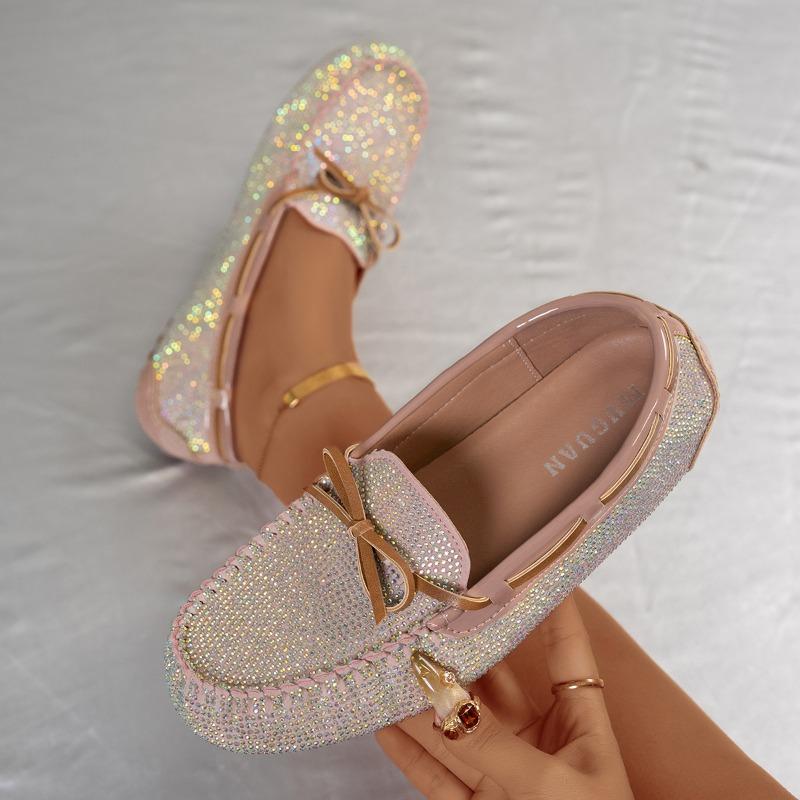 Fashion Spring New Large-sized Single-shoe Women's Leopard Print One-foot Soft Sole Comfortable Bow Full Diamond Loafers