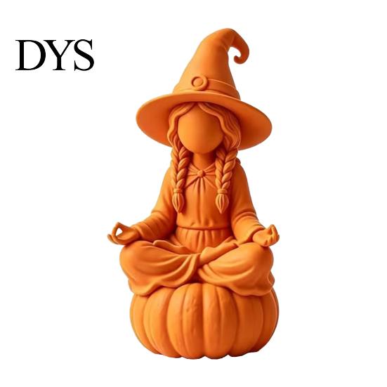 DIY Hand Painted Crafts 3D Printed Meditating Witch Figurine on Pumpkin Base, Minimalist Nordic Style Desk Decorations Halloween Autumn Desktop