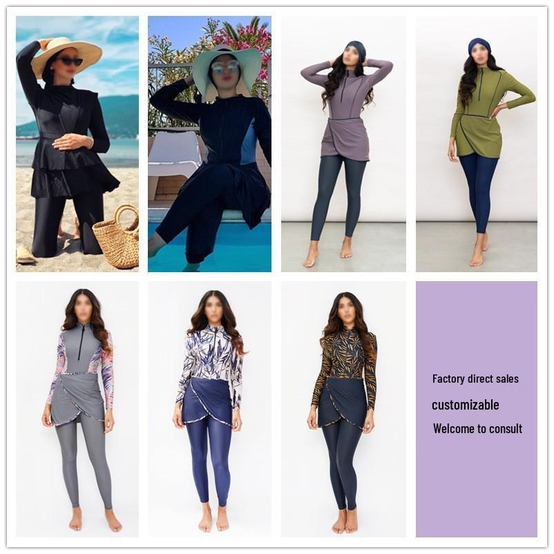Übergröße Muslimische Damen Sonnenschutz Dreiteiliges Badeanzug-Set mit Langen Ärmeln und Hose