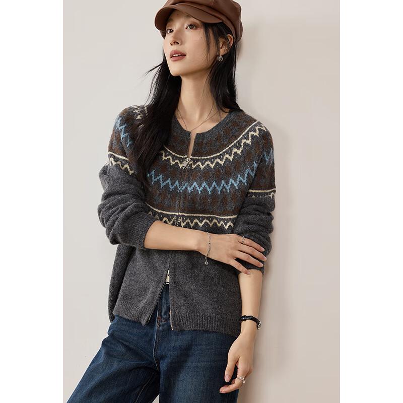 VICTORIA&VERA Women's Winter Fair Isle Retro Round Neck Knit Sweater with Double Zipper
