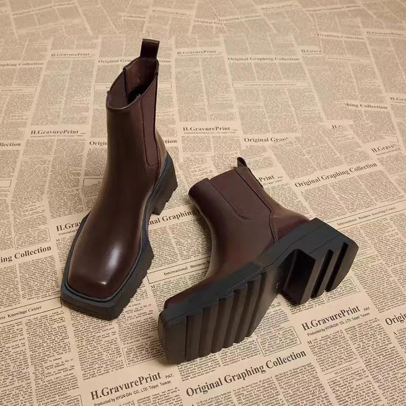 Classic Women's Boots High Quality Chelsea Leather Boots Square Head Design Womens Ankle Boot Leisure Platform Boots Botas Mujer