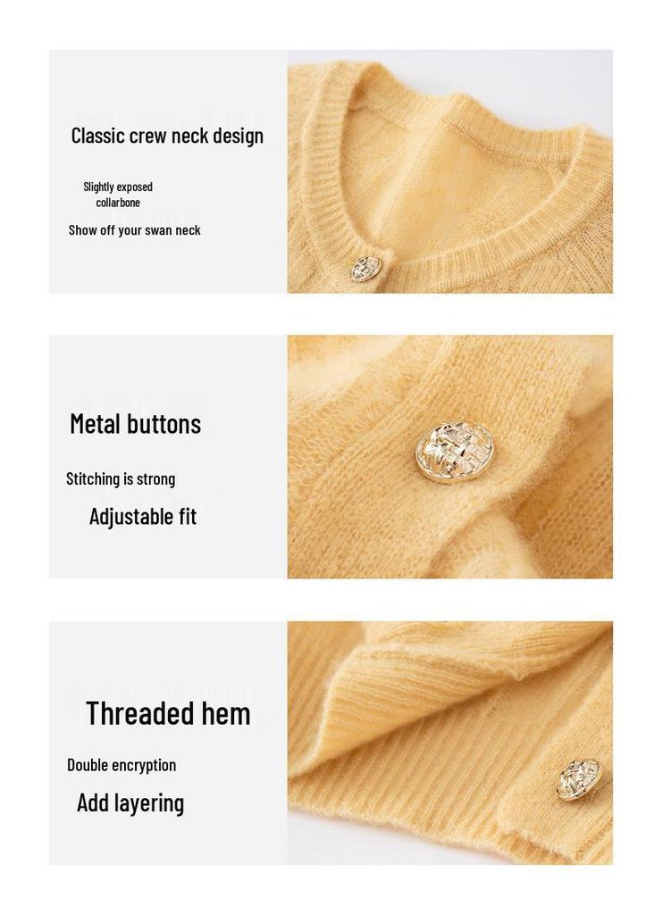 Women's Round Neck Button-Up Cardigan: 75% Cashmere, 25% Mulberry Silk, Cable Knit, Long Sleeve Sweater Coat