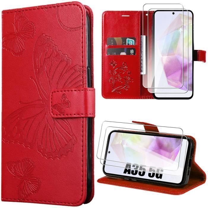 Coque de protection - BOOLING - Samsung Galaxy A35 5G - Simili Cuir - Motif Papillon - Rouge