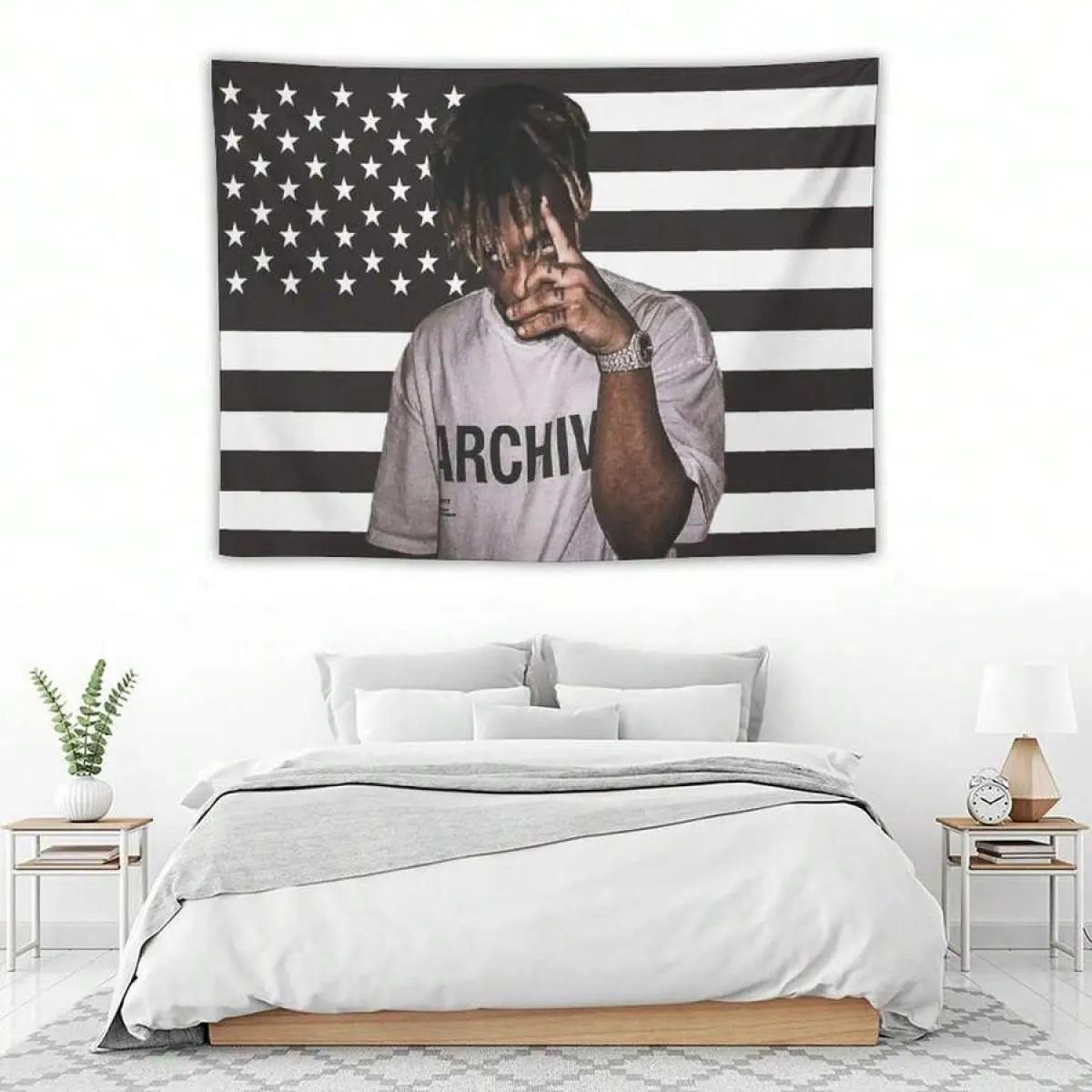 Juice WRLD Archiv Foto Druck Wandteppich Schwarz US-Flagge Hintergrund Wandbehang Für College Wohnheim Jugendzimmer Heimdekoration 100X70CM gray