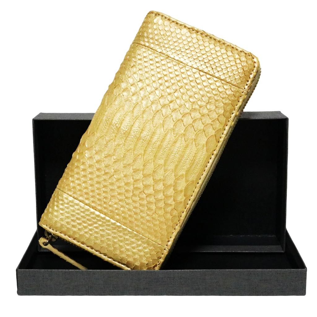 Bercute Gold Diamond Python Long Wallet for Men and Women, Genuine Snakeskin Leather, Round Zipper, Slim, Compact, Large Capacity, Flashy, Popular