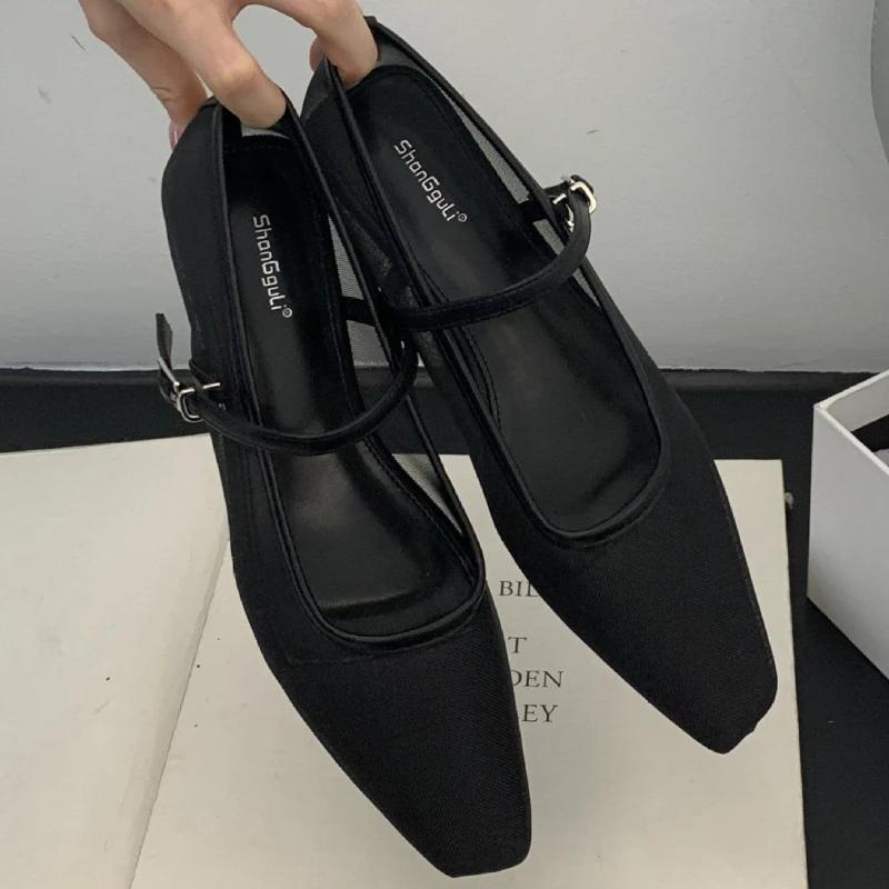 Fashion Retro Mesh Brand Flat Ballet Flat Shoe Women Fashion Buckle Square Toe Shallow Mary Jane Shoe Summer Casual Non Slip Flat Sandal