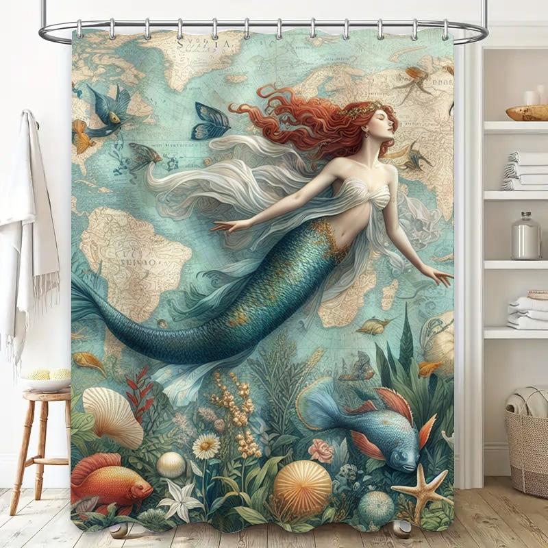 Unterwasser Meerjungfrau Duschvorhang Ozean Marine Dekorativer Stoff Kundenspezifisch bedruckt für Zuhause Badezimmer Wasserdicht Leinen Wasserdicht B