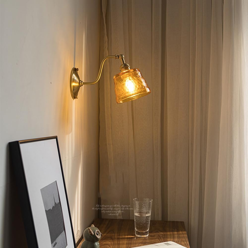 Farmhouse Vintage Glass Wall Light Fixture Green Amber Glass Industrial Wall Sconce Gooseneck Adjustable Arm Antique Gold Bedroom Wall Lamp for