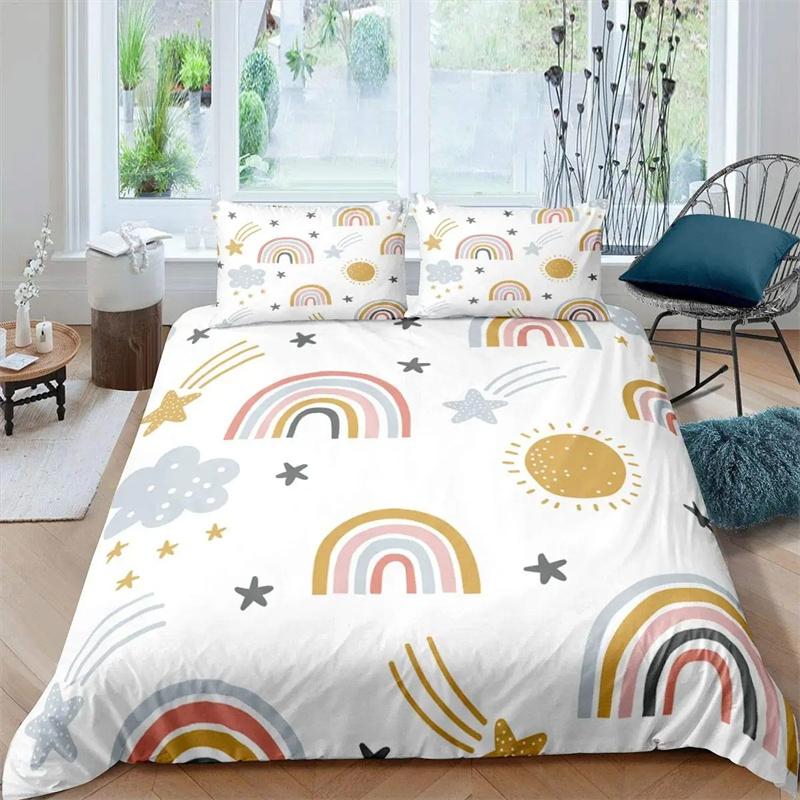 Cartoon Rainbow King Queen Duvet Cover Kids Girls Colorful Clouds Bedding Collection Love Heart Comforter Cover Polyester Quilt Cover