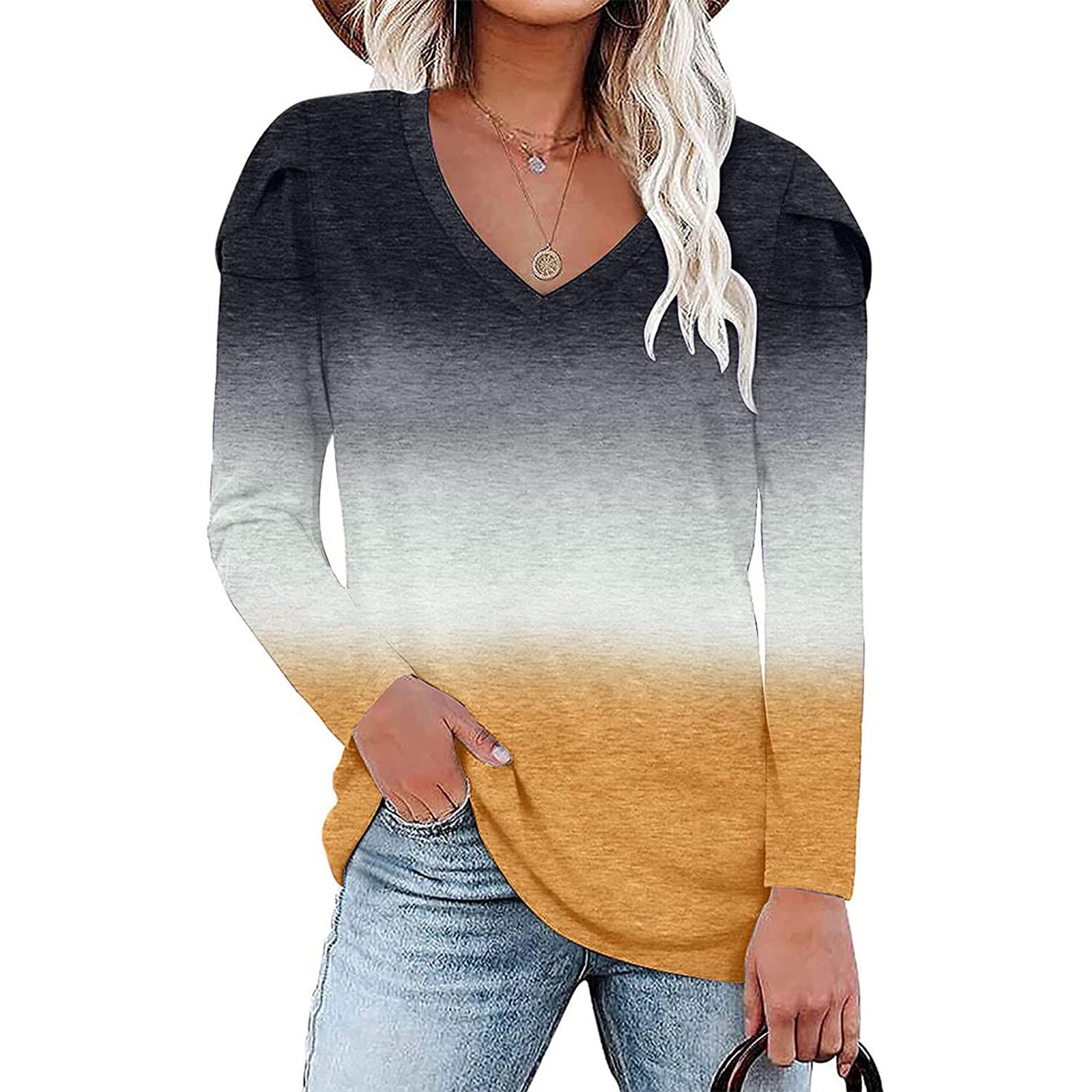 

Folulus Женская повседневная рубашка с V-образным вырезом, футболка-футболка с длинными рукавами с градиентным цветом