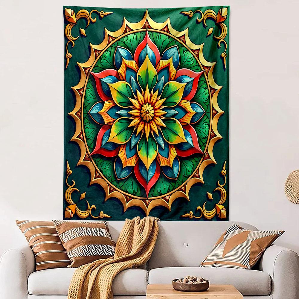 Floral Mandala Design with Golden Accents Patterned Tapestry Decorative Wall Hanging, Home Bedroom Living Room Decor