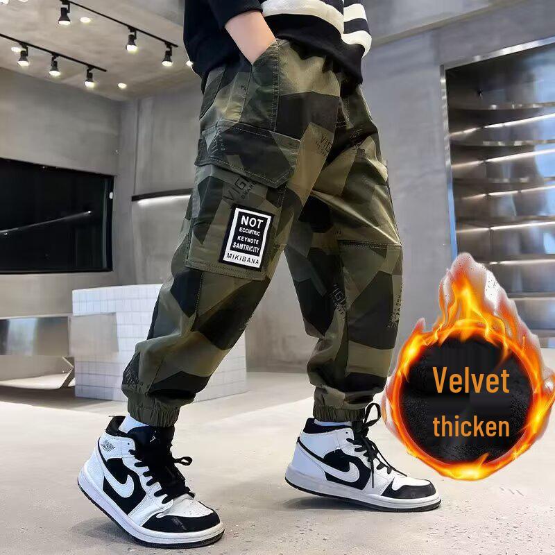 

Модные камуфляжные брюки для мальчиков с флисовой подкладкой - Цвет армейский зеленый, Свободный крой, Эластичная талия, Коллекция весна 2025 150