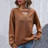 Women Spring Autumn Long Sleeve Hollow Out V Neck Solid Color Pullover T Shirt Blouse