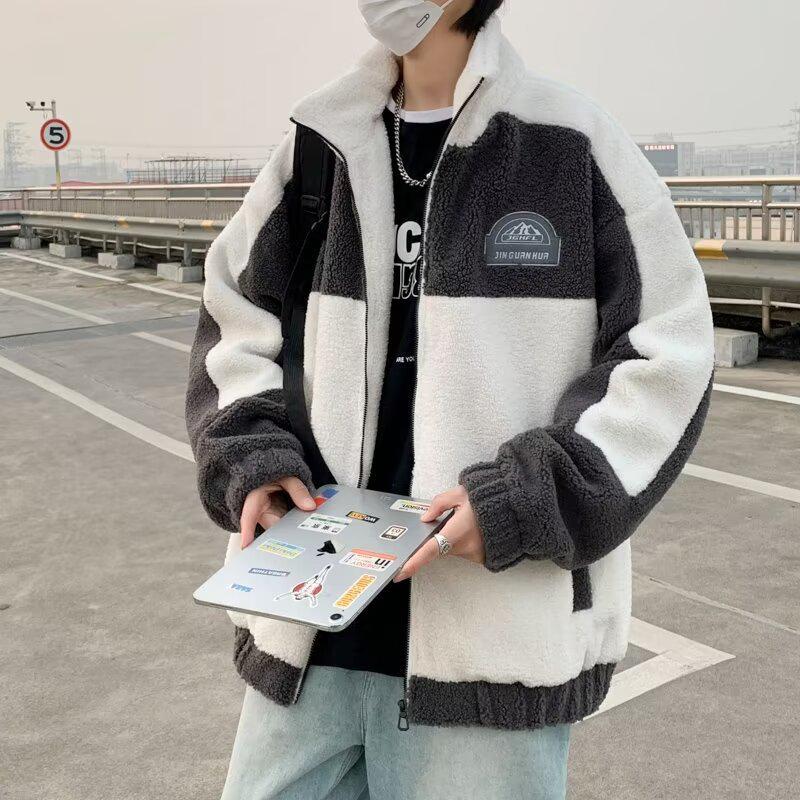 2024 Herren Trendige Lammwoll-Fleecejacke: Lockerer Stehkragen Colorblock Baumwollwattierter Mantel