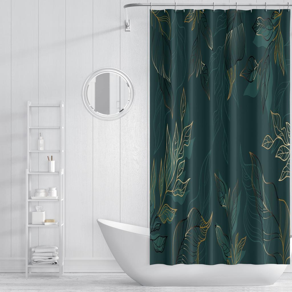 Elegant Dark Green Tropical Leaf Pattern Waterproof Shower Curtain – Perfect for Adding a Luxurious and Nature-Inspired