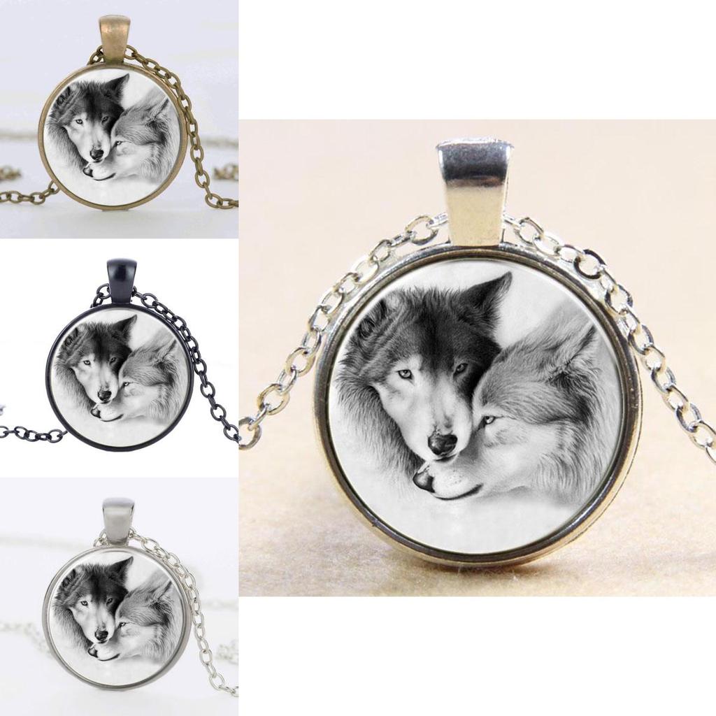 Women Jewelry Double Wolf Glass Pendant Necklace With Vintage Crystals And Elegant Chain