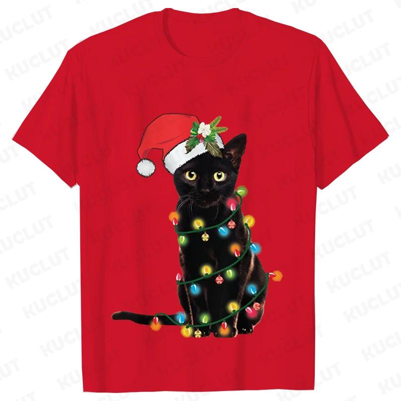 Fashion Trendy T Shirt Short Sleeve Tees for Unisex Funny Christmas Lights Cat T Shirts Female Korean Casual Streetwear Tshirt