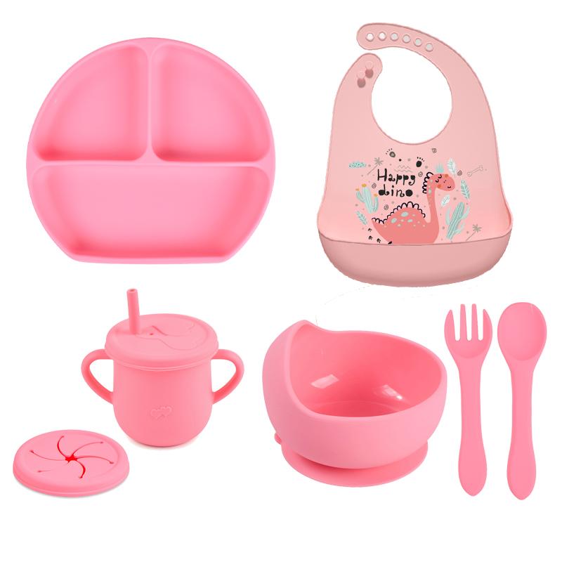7pcs/set Baby Silicone Tableware Cartoon Printed Bibs Sucker Bowl Plate Cup Spoon Fork Sets Non-slip Children's Dishes BPA Free