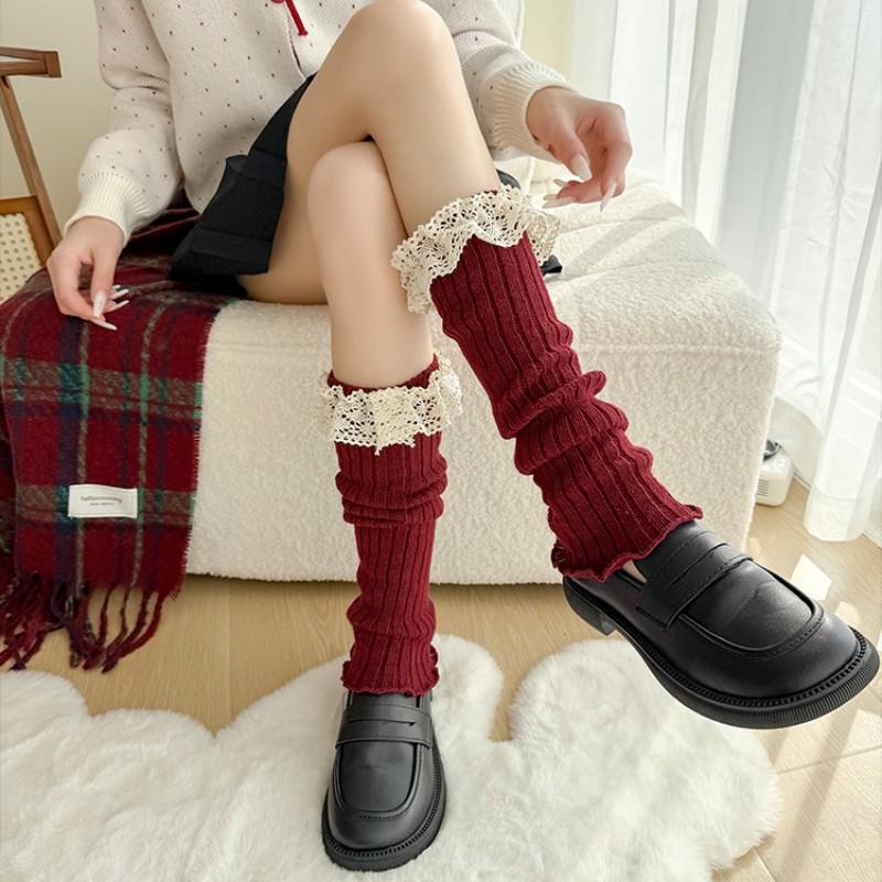 Women's Autumn Winter Red Leg Warmer Lolita Lace Frilly Heap Sock JK Knitted Foot Cover Arm Warmer Christmas New Year Boot Cuffs