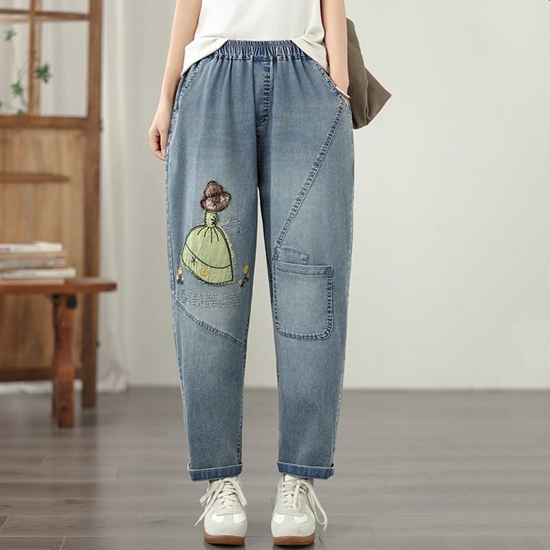 Plus Size Vintage Embroidery Character High Waist Casual Loose Women Spring Summer Autumn Jeans Denim Harem Pants